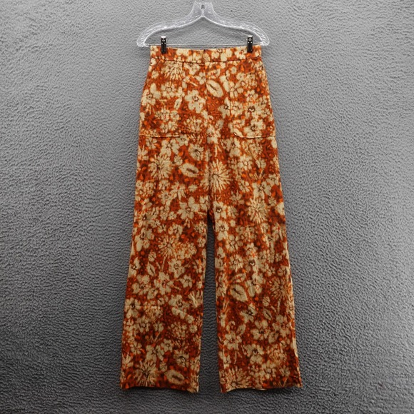 Zara Pants - Zara Tie Dye Wide Leg Pants S Orange Beige Womens Linen Cotton Boho Floral